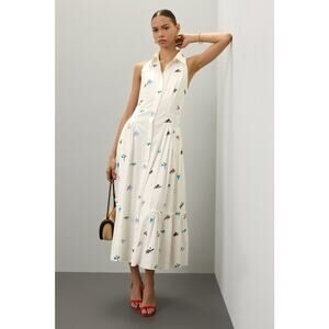 PRABAL GURUNG White Floral Sleeveless Embroidered Cotton Midi Dress Size 10